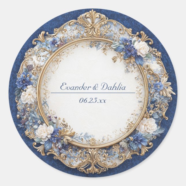 Midnight Blue Victorian Floral Wedding Sticker (Front)