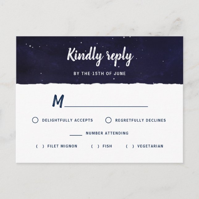 Midnight Blue Watercolor Galaxy Wedding RSVP Invitation Postcard (Front)