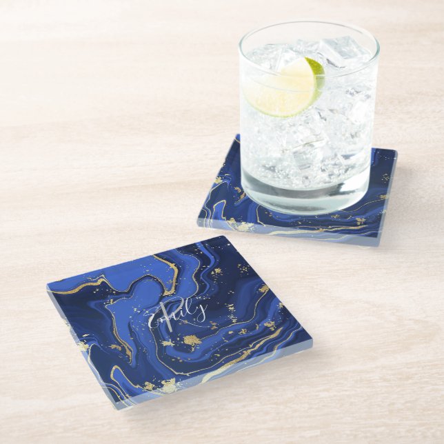 Midnight Blue White Agate Abstract Name Monogram   Glass Coaster (Angled)