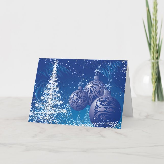 Midnight Blue & White Christmas Ornaments & Trees Holiday Card (Front)