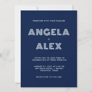 Midnight Blue White Geometric Retro Names Wedding Invitation