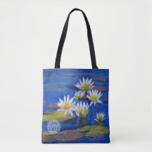 Midnight Blue, White Lily Flowers Tote Design