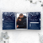 Midnight Blue Winter Wonderland Snowflakes Wedding Tri-Fold Invitation<br><div class="desc">Invite your guests with this elegant wedding invitation featuring beautiful stars and snowflakes and faux silver foil accents on a dark blue background with detachable RSVP card. Simply add your event details on this easy-to-use template and adorn this card with your favourite photo to make it a one-of-a-kind invitation.</div>