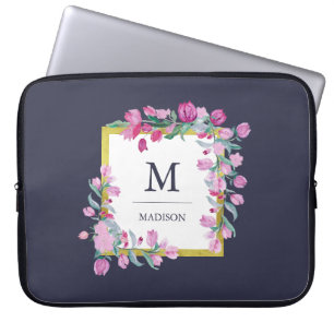 Midnight Blue with Pink Bougainvillea Flowers Laptop Sleeve