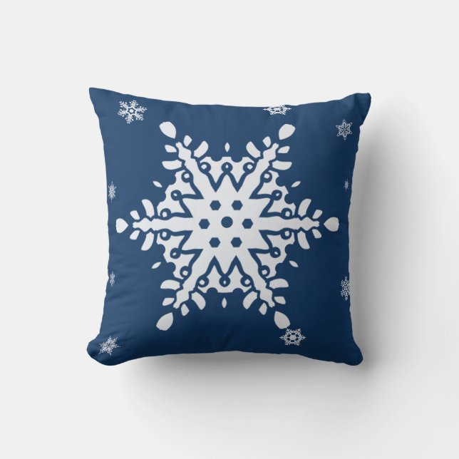 MIDNIGHT BLUE WITH SNOWY SNOWFLAKE HOLIDAY CUSHION (Front)