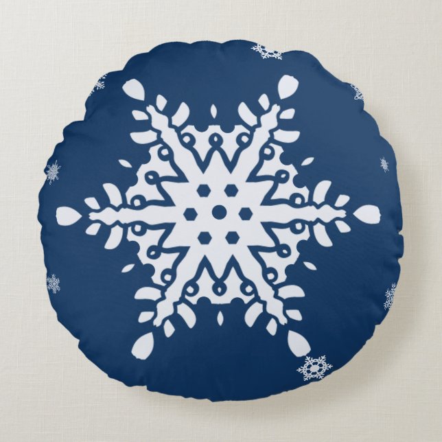 MIDNIGHT BLUE WITH SNOWY SNOWFLAKE HOLIDAY ROUND CUSHION (Front)