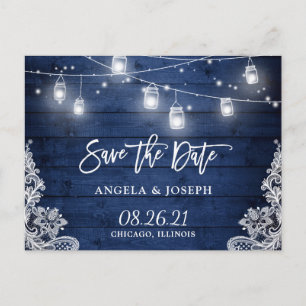 Midnight Blue Wood Mason Jar Light Save the Date Announcement Postcard