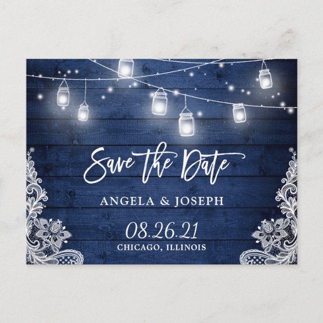 Midnight Blue Wood Mason Jar Light Save the Date Announcement Postcard (Front)