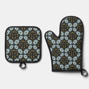 Midnight Bluebell Garden   Elegant Dark Floral Oven Mitt & Pot Holder Set