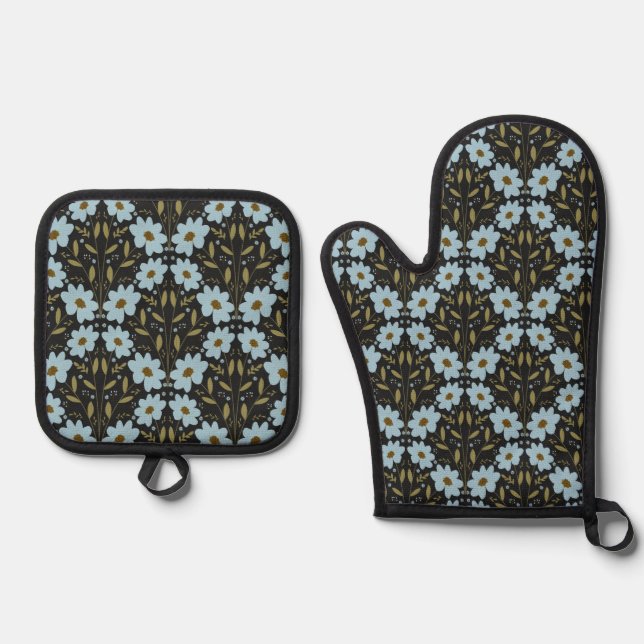 Midnight Bluebell Garden | Elegant Dark Floral Oven Mitt & Pot Holder Set (Front)