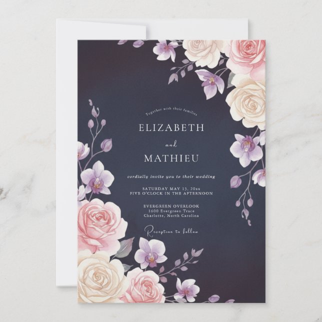 Midnight Blush Pink Petal Wedding Invitation (Front)