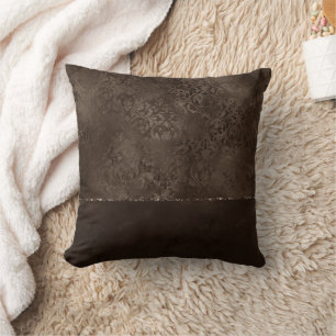 Midnight Bronze Romance   Satiny Grunge Damask Cushion