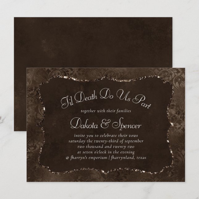 Midnight Bronze Romance | Satiny Grunge Damask Invitation (Front/Back)