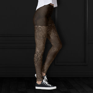 Midnight Bronze Romance Satiny Grunge Damask Leggings