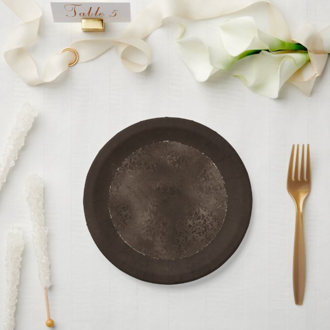 Midnight Bronze Romance | Satiny Grunge Damask Paper Plate (Wedding)