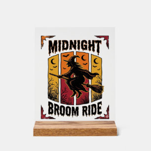 Midnight Broom Ride Vintage Witch Halloween Graphi Acrylic Sign