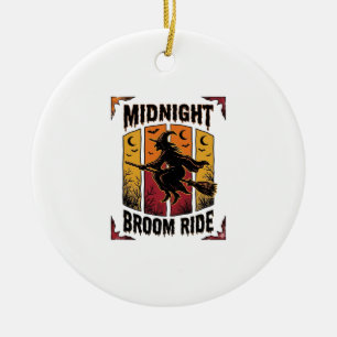 Midnight Broom Ride Vintage Witch Halloween Graphi Ceramic Tree Decoration