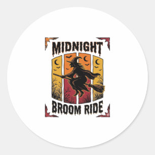 Midnight Broom Ride Vintage Witch Halloween Graphi Classic Round Sticker