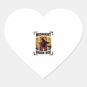 Midnight Broom Ride Vintage Witch Halloween Graphi Heart Sticker