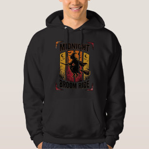 Midnight Broom Ride Vintage Witch Halloween Graphi Hoodie