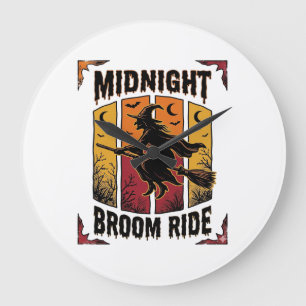 Midnight Broom Ride Vintage Witch Halloween Graphi Large Clock