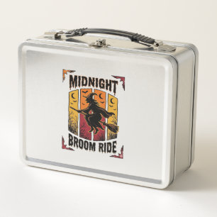 Midnight Broom Ride Vintage Witch Halloween Graphi Metal Lunch Box