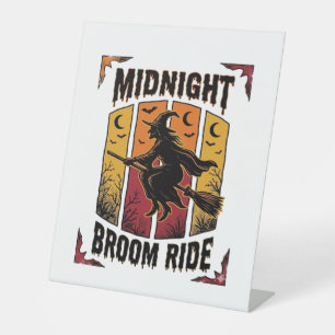 Midnight Broom Ride Vintage Witch Halloween Graphi Pedestal Sign