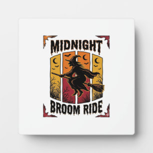 Midnight Broom Ride Vintage Witch Halloween Graphi Plaque