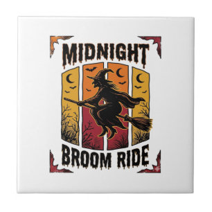 Midnight Broom Ride Vintage Witch Halloween Graphi Tile