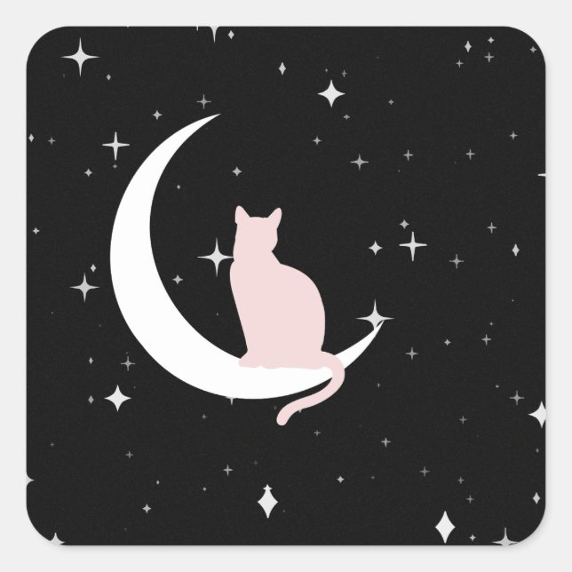 Midnight Cat on the Moon Square Sticker (Front)