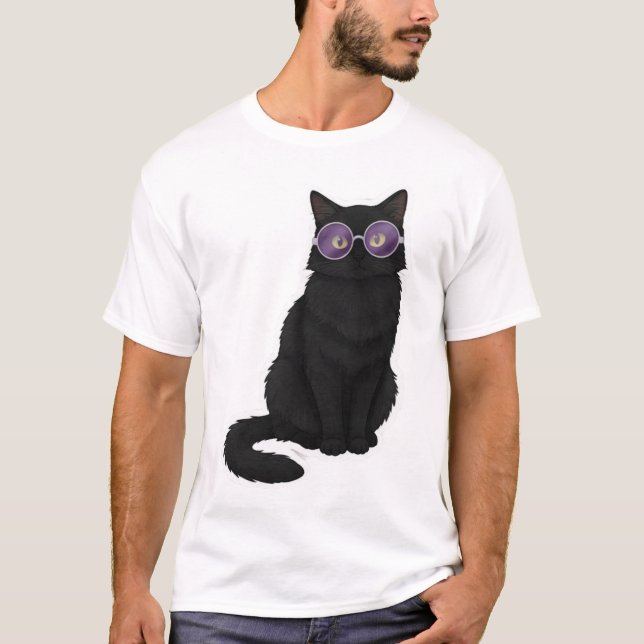 Midnight Cat with Purple Glasses T-Shirt (Front)