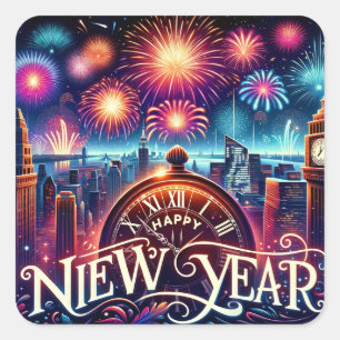 Midnight Celebration: Happy New Year Card Square Sticker