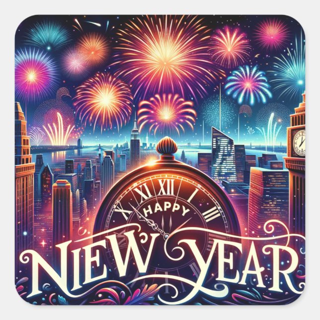 Midnight Celebration: Happy New Year Card Square Sticker (Front)