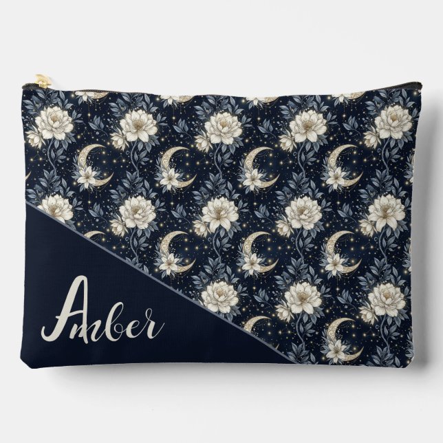 Midnight Celestial Floral & Crescent Moon Design  Accessory Pouch (Front)