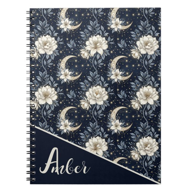 Midnight Celestial Floral & Crescent Moon Design  Notebook (Front)