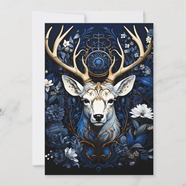 Midnight Celestial Floral Gothic Deer  Holiday Card (Front)