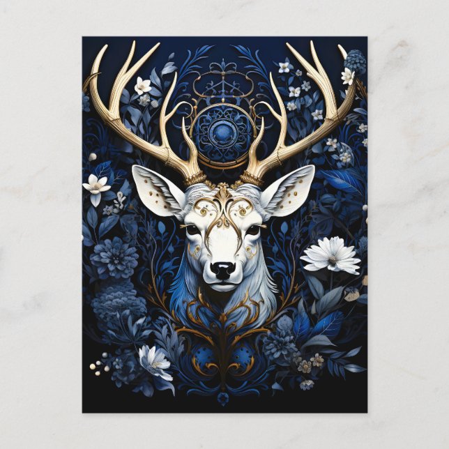 Midnight Celestial Floral Gothic Deer  Holiday Postcard (Front)