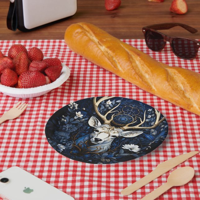 Midnight Celestial Floral Gothic Deer  Paper Plate (Picnic)