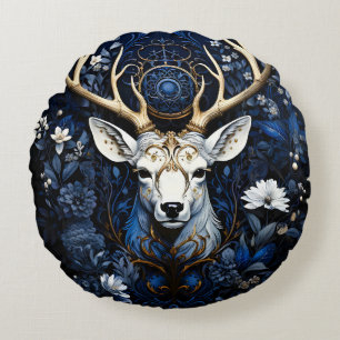 Midnight Celestial Floral Gothic Deer  Round Cushion
