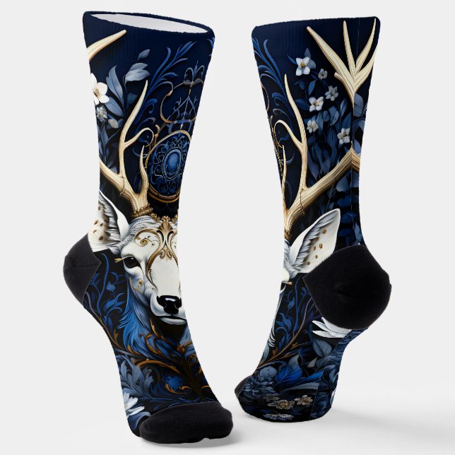Midnight Celestial Floral Gothic Deer  Socks (Angled)