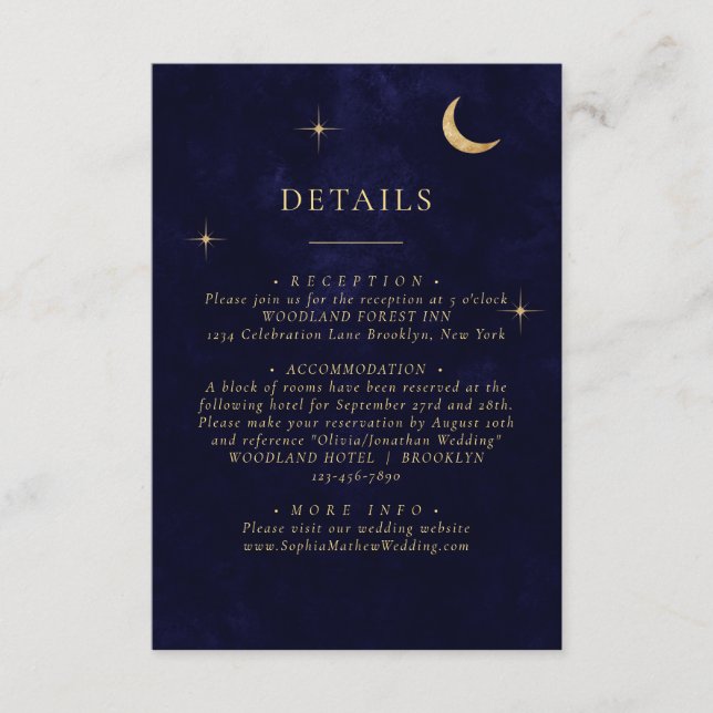Midnight Celestial Gold Moon Stars Wedding Details Enclosure Card (Front)