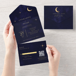 Midnight Celestial Gold Moon Stars Wedding QR Code All In One Invitation