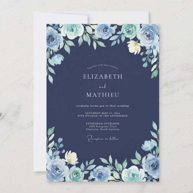 Midnight Cerulean Petal Wedding Invitation (Front)