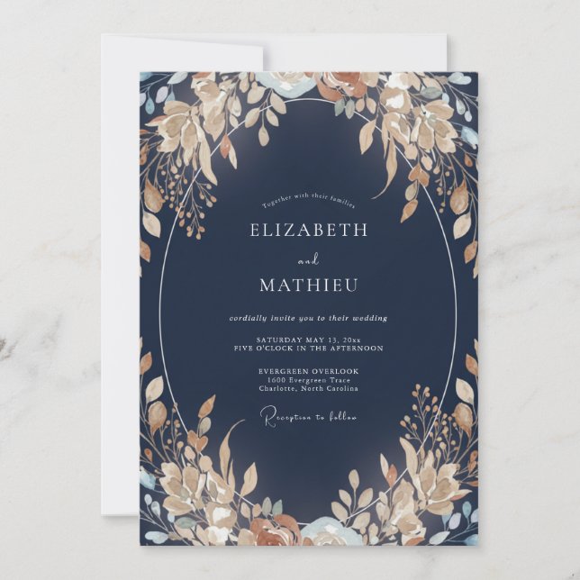Midnight Champagne Foliage Eucalyptus Wedding Invitation (Front)