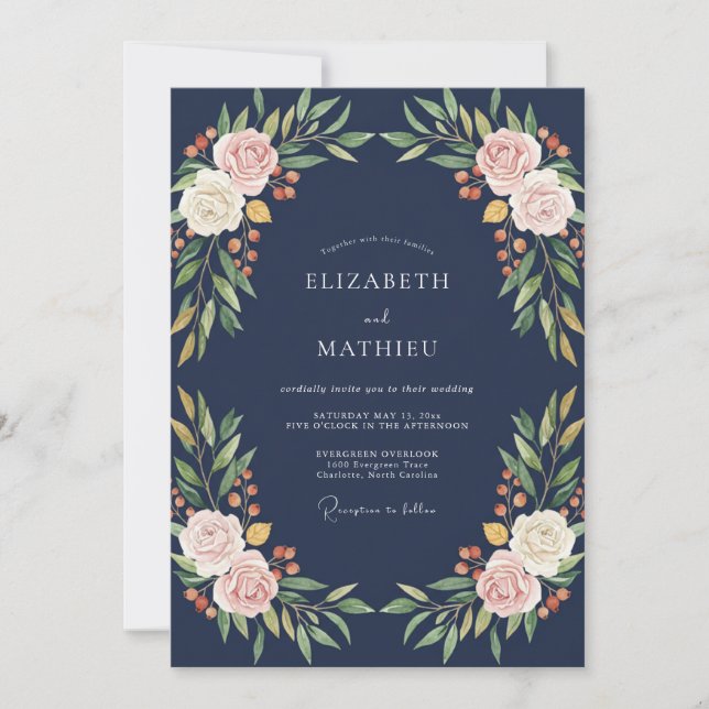 Midnight Champagne Ranunculus Grey Eucalyptus Wedd Invitation (Front)