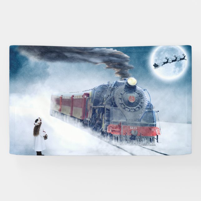 Midnight Christmas Train with Girl and Santa Banner (Horizontal)