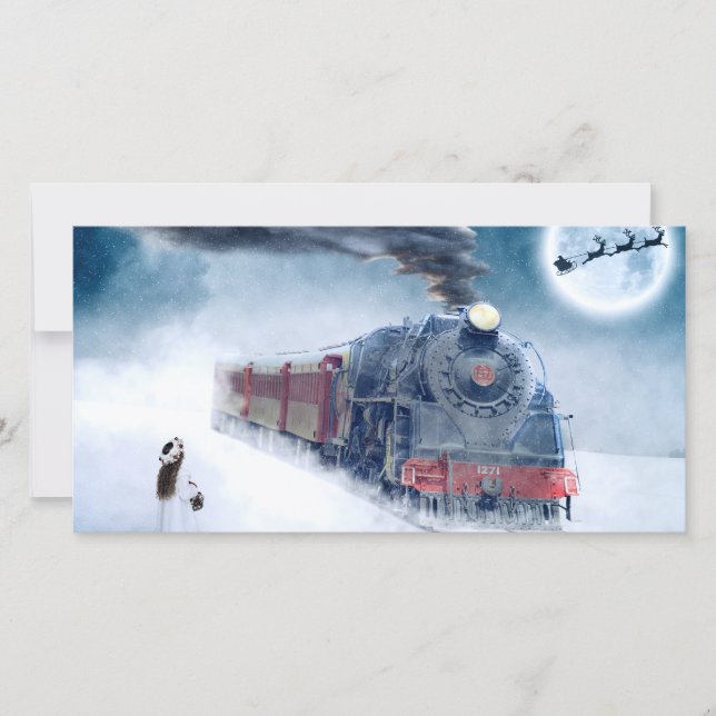 Midnight Christmas Train with Girl and Santa Holiday Card (Front)