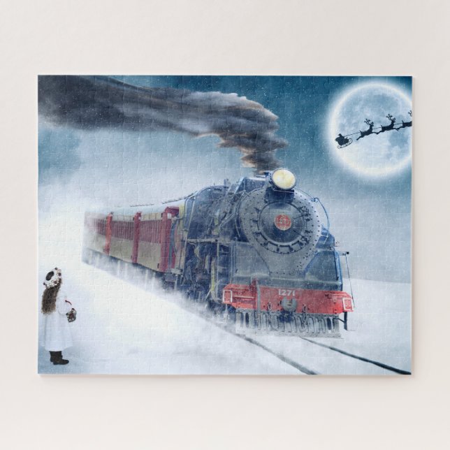 Midnight Christmas Train with Girl and Santa Jigsaw Puzzle (Horizontal)