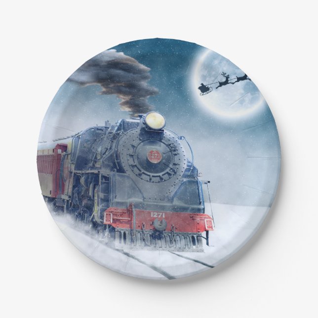 Midnight Christmas Train with Girl and Santa Paper Plate (Front)