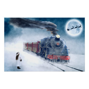Midnight Christmas Train with Girl and Santa Poster